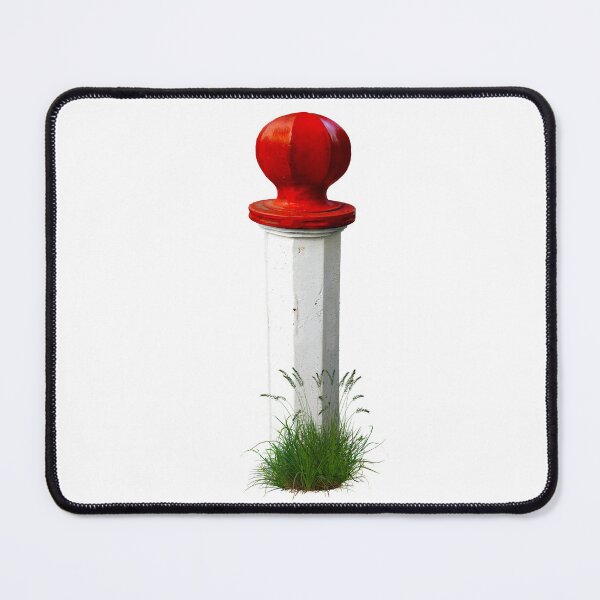 Item preview, White metal bollard with bright red top and grass weeds at the base. designed and sold by janesg.