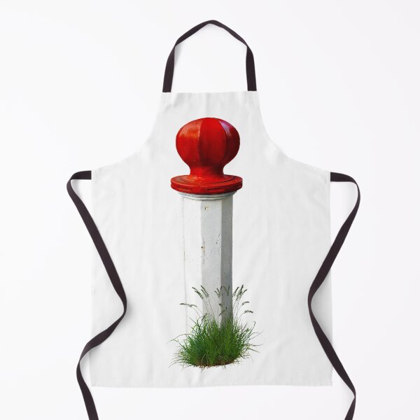Item preview, White metal bollard with bright red top and grass weeds at the base. designed and sold by janesg.