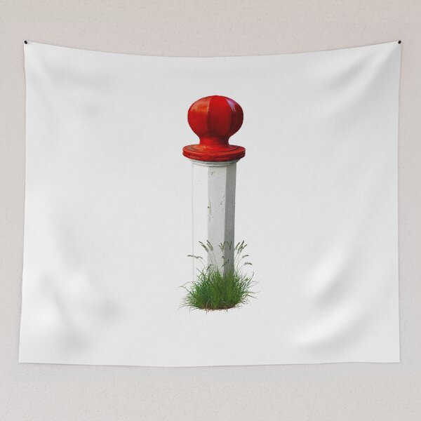 Item preview, White metal bollard with bright red top and grass weeds at the base. designed and sold by janesg.