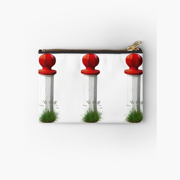 Item preview, White metal bollard with bright red top and grass weeds at the base. designed and sold by janesg.