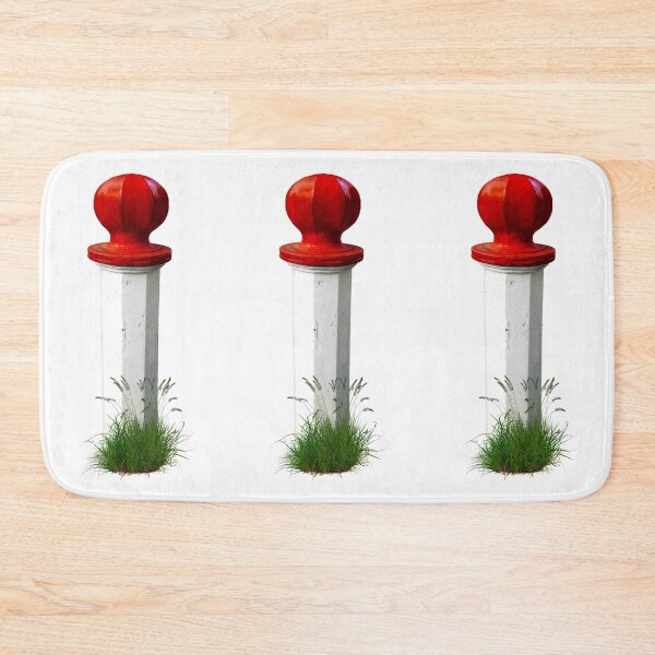 Item preview, White metal bollard with bright red top and grass weeds at the base. designed and sold by janesg.