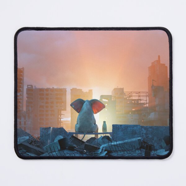 Item preview, elephant and dog watch the sunrise in a ruined city designed and sold by Mike Kiev art.