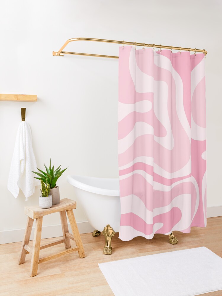 Alternate view of Modern Retro Liquid Swirl Abstract in Pretty Pastel Pink Shower Curtain