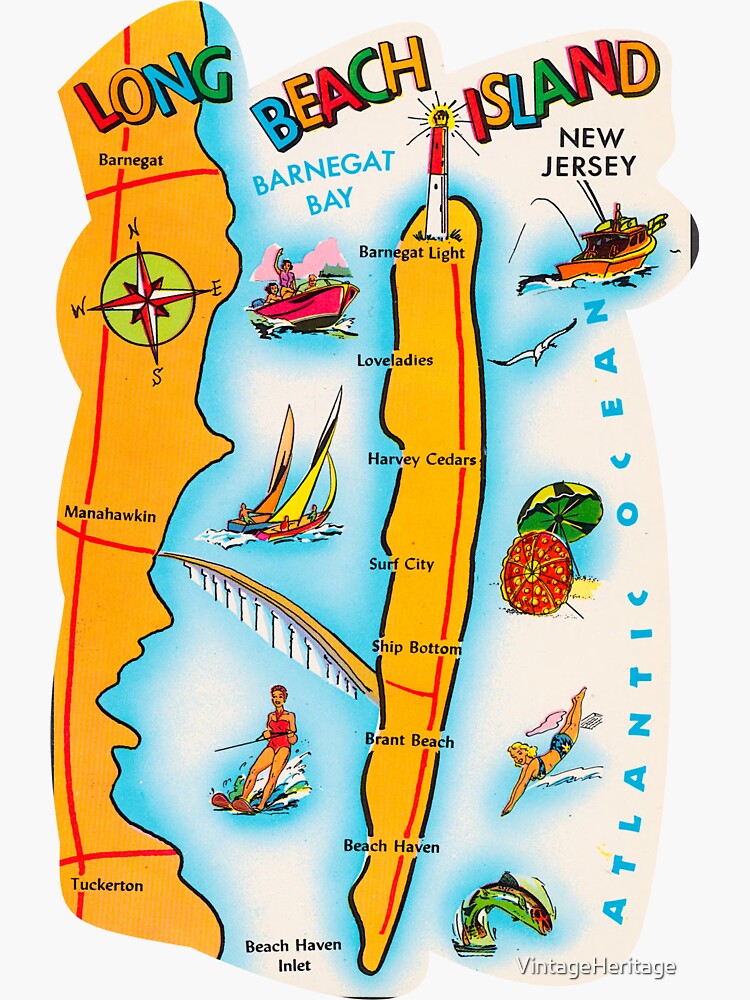 "Vintage Long Beach Island New Jersey Picture Map Postcard" Sticker by VintageHeritage Redbubble