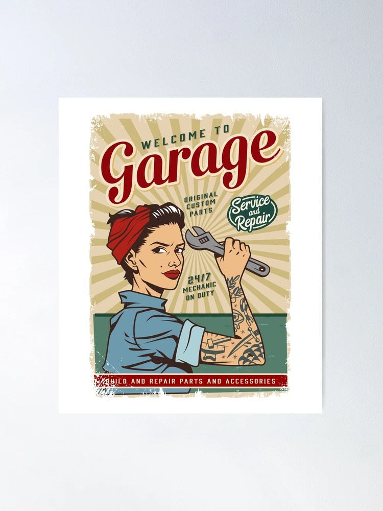 Vintage garage service with pin up mechanic girl Poster for Sale by  SweetBlessArt