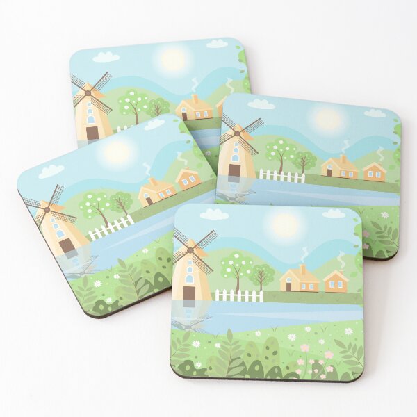 Item preview, Summer landscape with mountains, trees, fields, river, houses, windmill and flowers designed and sold by kuklamalvina.