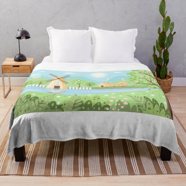 Item preview, Summer landscape with mountains, trees, fields, river, houses, windmill and flowers designed and sold by kuklamalvina.
