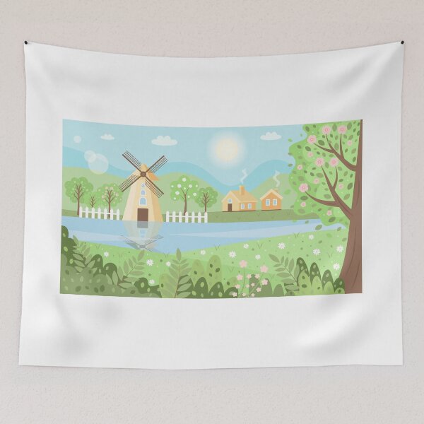 Item preview, Summer landscape with mountains, trees, fields, river, houses, windmill and flowers designed and sold by kuklamalvina.