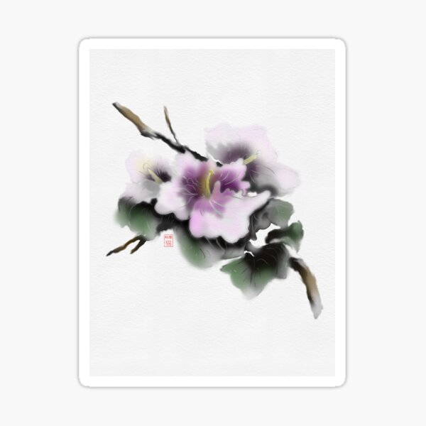 Aperçu de l'œuvre Aquarelle violette et encre sumie rose de sharon sur papier texturé créée et vendue par CuisineCat.