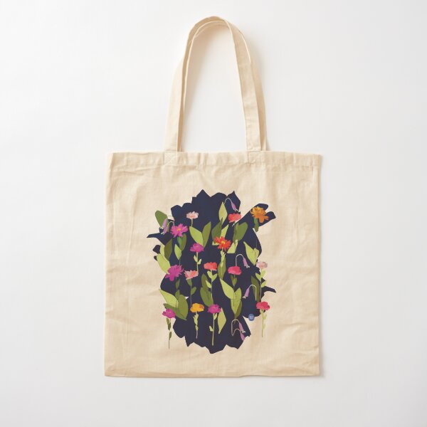 DesignerMim's Bright Imaginary Flowers Pattern (Navy) Cotton Tote Bag