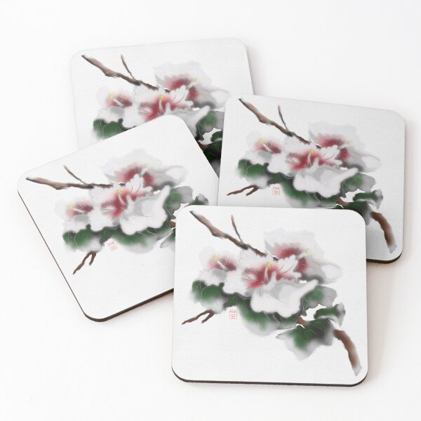 Item preview, Pink watercolor and sumie ink rose of sharon on textured paper designed and sold by CuisineCat.