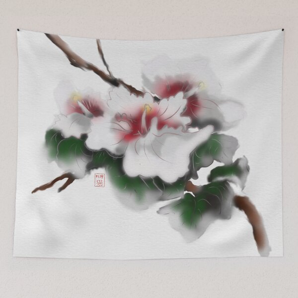 Item preview, Pink watercolor and sumie ink rose of sharon on textured paper designed and sold by CuisineCat.