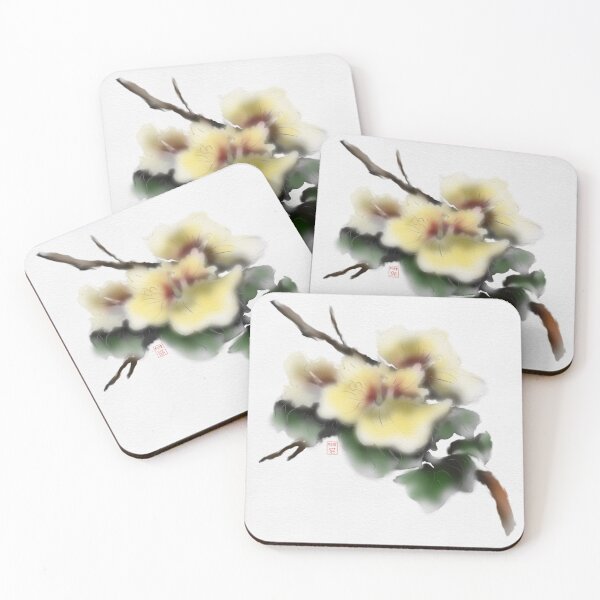 Item preview, Yellow watercolor and sumie ink hibiscus on textured paper designed and sold by CuisineCat.
