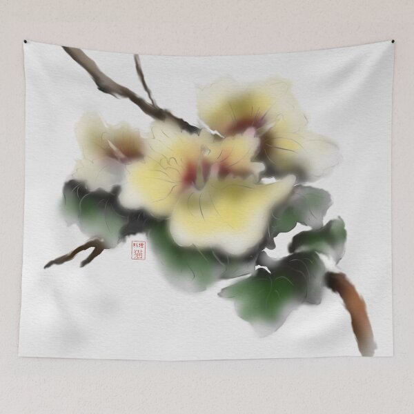 Artikelvorschau, Yellow watercolor and sumie ink hibiscus on textured paper entworfen und verkauft von CuisineCat.