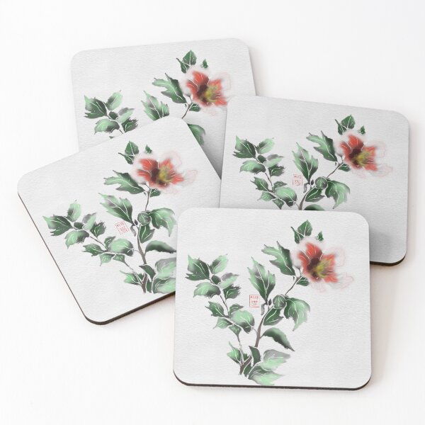 Item preview, Red watercolor and sumie ink hibiscus on textured paper designed and sold by CuisineCat.