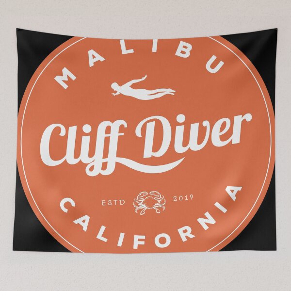 Item preview, Cliff Diving - A design featuring a cliff diver and an orange circle with the slogan Malibu Cliff Diver California designed and sold by velisani.