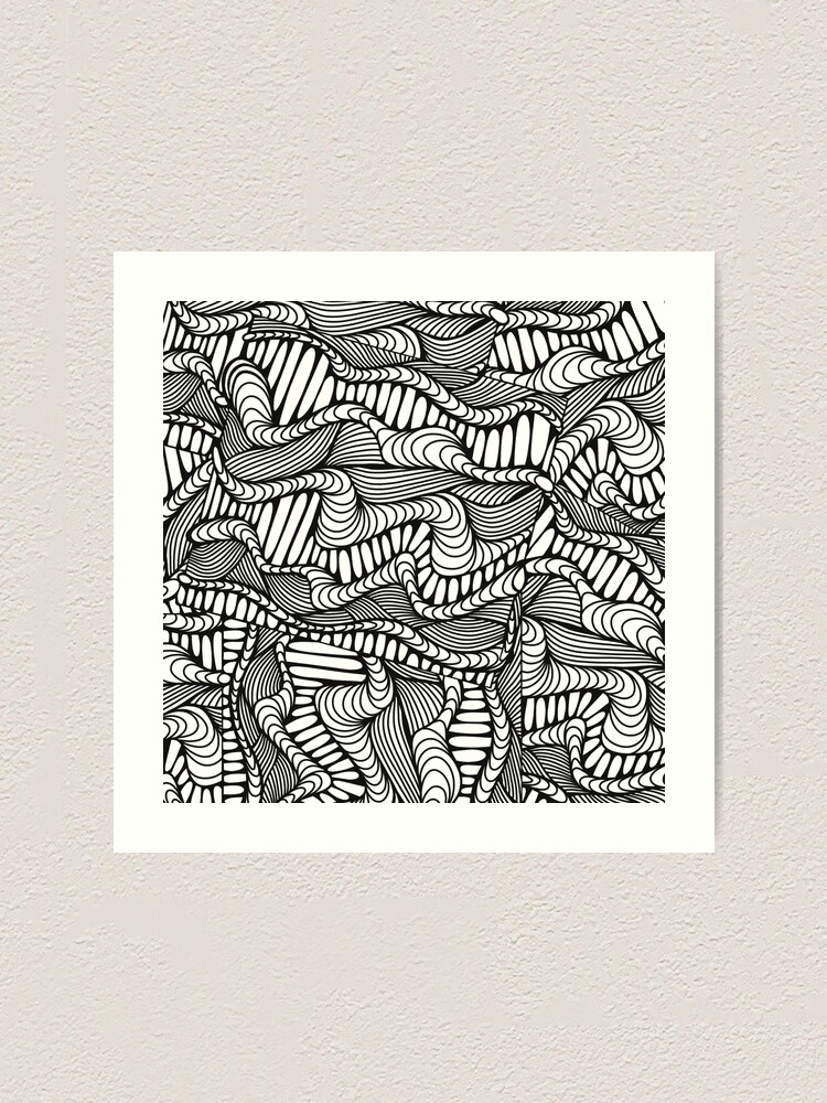 Black and White Zentangle Wavy Doodle Design | Art Print