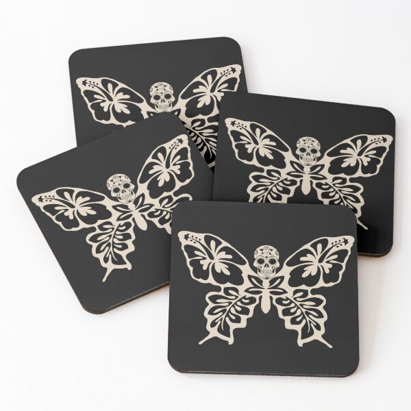 Item preview, Cool Tan Hibiscus Flowers Butterfly Sugar Skull  designed and sold by CattlettArt.