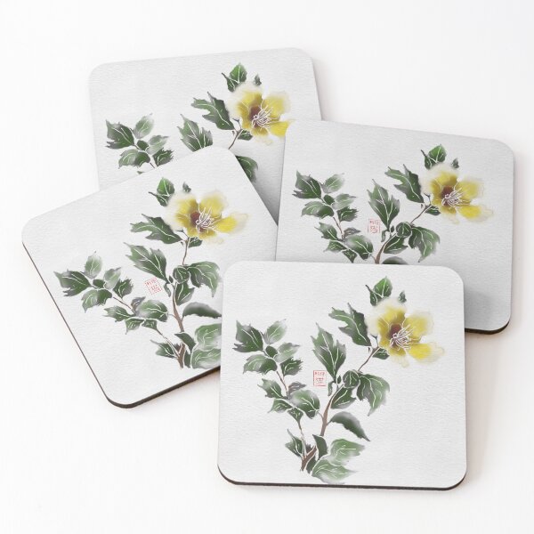 Item preview, Yellow watercolor and sumie ink hibiscus on textured paper designed and sold by CuisineCat.