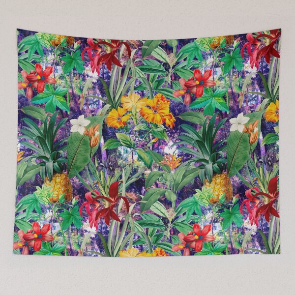 Artikelvorschau, Trendy tropisches Laub exotisches Blumenmuster, Blätter und Blumen tropisches Muster, botanische Illustration, dunkelviolette Blumenillustration entworfen und verkauft von ZeinabTaha.