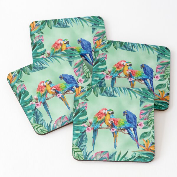 Item preview, Four cheeky and clever parrots in a watercolor tropical paradise designed and sold by Orianah.