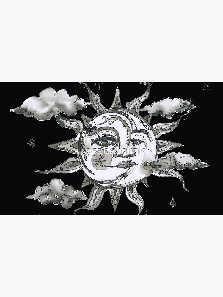 Witchy Sun And Moon Design Watercolor Black And White Black Background