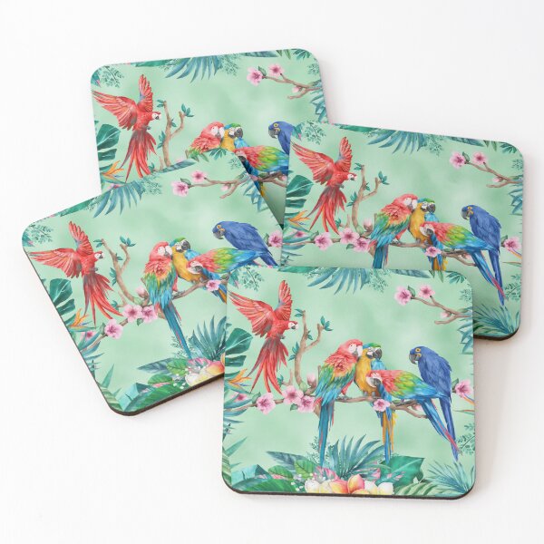 Item preview, Five cheeky and clever parrots in a watercolor tropical paradise designed and sold by Orianah.