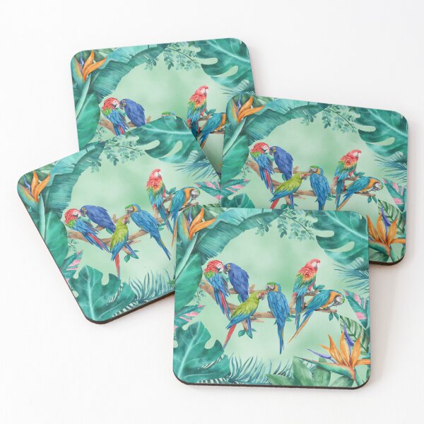 Item preview, Six cheeky and clever parrots in a watercolor tropical paradise designed and sold by Orianah.