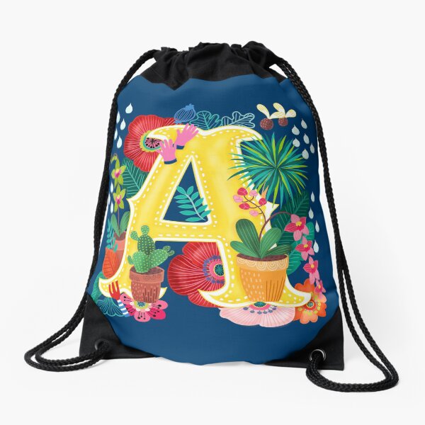 Spring Floral Initial Letter A Drawstring Bag