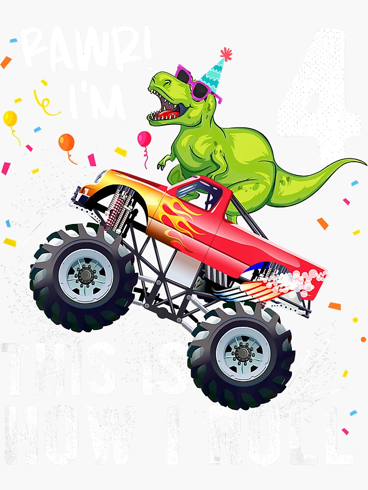 Kids T Rex Dinosaur Monster Truck 4th Birthday Boys And Girls T-Shirt Kids T Rex Dinosaur Monster Truck 4th Birthday Boys And Girls T-Shirt
