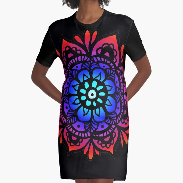 Colorful Rainbow Mandala Graphic T-Shirt Dress