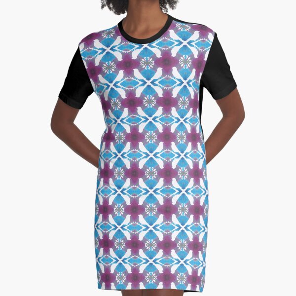 White Birds on Magenta Blue Graphic T-Shirt Dress