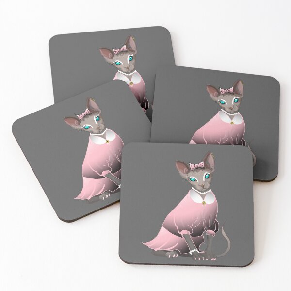 Item preview, Sphinx in pink dress Blue eyes Grey Hairless cat print grey background  designed and sold by DemonicGloom.
