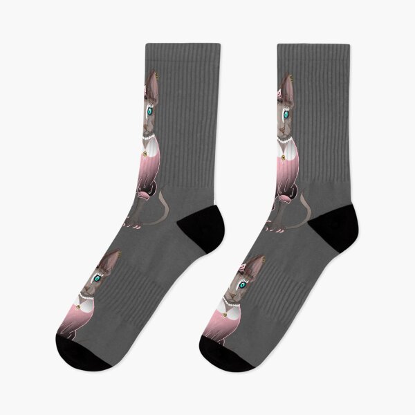 Item preview, Sphinx in pink dress Blue eyes Grey Hairless cat print grey background  designed and sold by DemonicGloom.