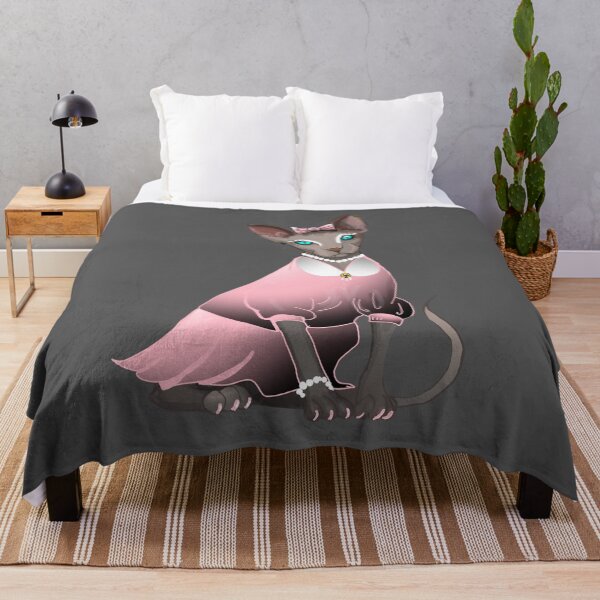 Item preview, Sphinx in pink dress Blue eyes Grey Hairless cat print grey background  designed and sold by DemonicGloom.