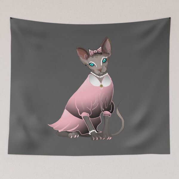 Item preview, Sphinx in pink dress Blue eyes Grey Hairless cat print grey background  designed and sold by DemonicGloom.