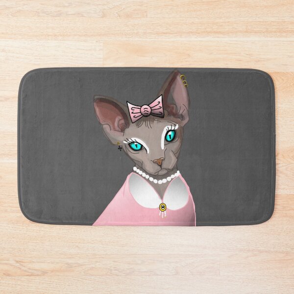 Item preview, Sphinx in pink dress Blue eyes Grey Hairless cat print grey background  designed and sold by DemonicGloom.