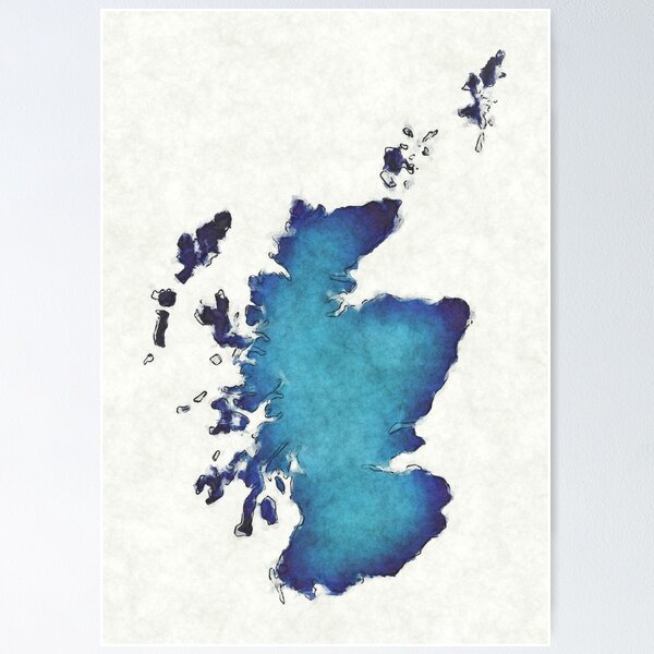 Item preview, Scotland map with drawn lines and blue watercolor illustration designed and sold by Ingo Menhard.