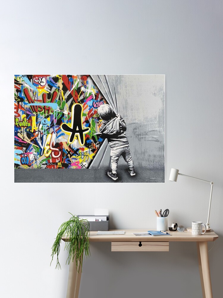 Poster for Sale avec l'œuvre « Derrière le rideau - Martin Whatson -  Pochoir moderne Graffiti Art urbain » de l'artiste Teecha