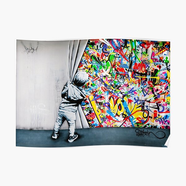 Derrière le garçon de rideau - Graffiti coloré Pop Art - Banksy Street Art Mural Poster