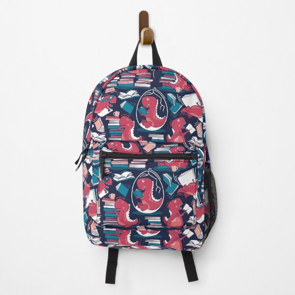 Item preview, Best hobby of all time // oxford navy blue background red t-rex dinosaur reading flesh coral red and turquoise blue books designed and sold by SelmaCardoso.