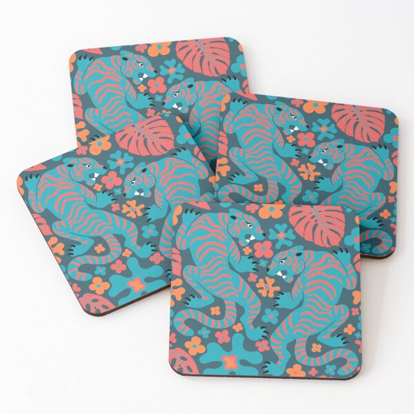 Item preview, Tigers + Flowers - Coral Pink + Teal Blue designed and sold by Carrie Cantwell Art.
