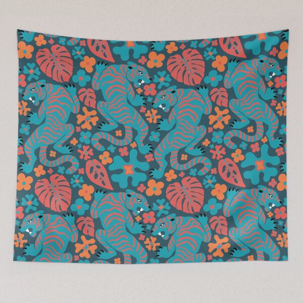 Item preview, Tigers + Flowers - Coral Pink + Teal Blue designed and sold by Carrie Cantwell Art.