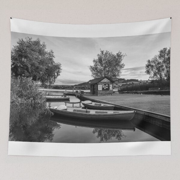 Item preview, Boats moored in Llangorse Lake, South Wales. Monochrome designed and sold by MaclarenPhoto.