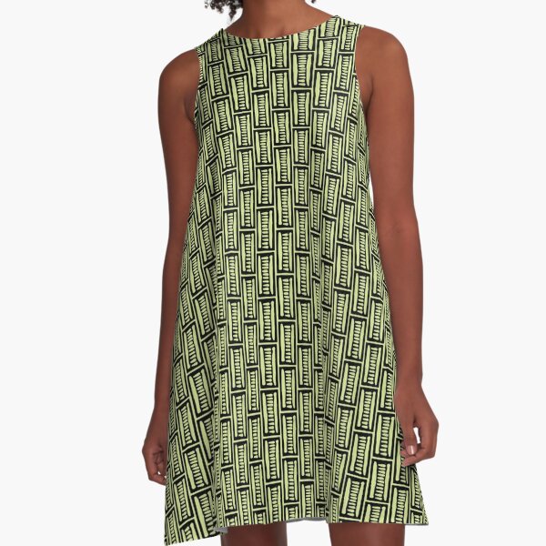 Black Block Column Print on Lime Green A-Line Dress