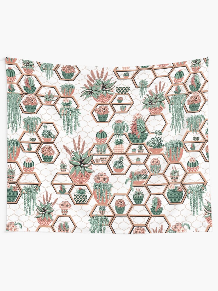 Alternate view of hexagon geometric pattern, 2020, cacti garden, Cacti and Succulent Garden Tapestry