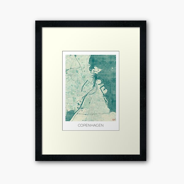 Copenhagen Map Blue Vintage Framed Art Print