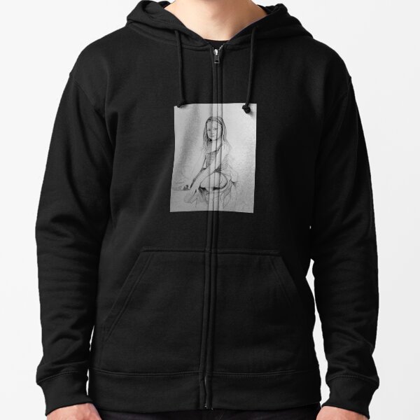 Drawing of a girl in Charcoal  by Adelaide Artist Avril Thomas Zipped Hoodie