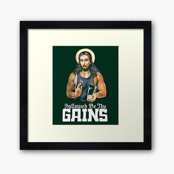 Vista previa del artículo con la obra «Santificadas sean tus ganancias Humor divertido sobre el levantamiento de pesas y los músculos de Jesús», diseñado y vendido por KingRogers.