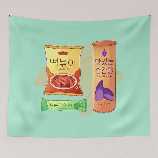 Item preview, Chips coreanos de tteokbokki, chips de camote y barra de hielo con sabor a melón designed and sold by Keffy.